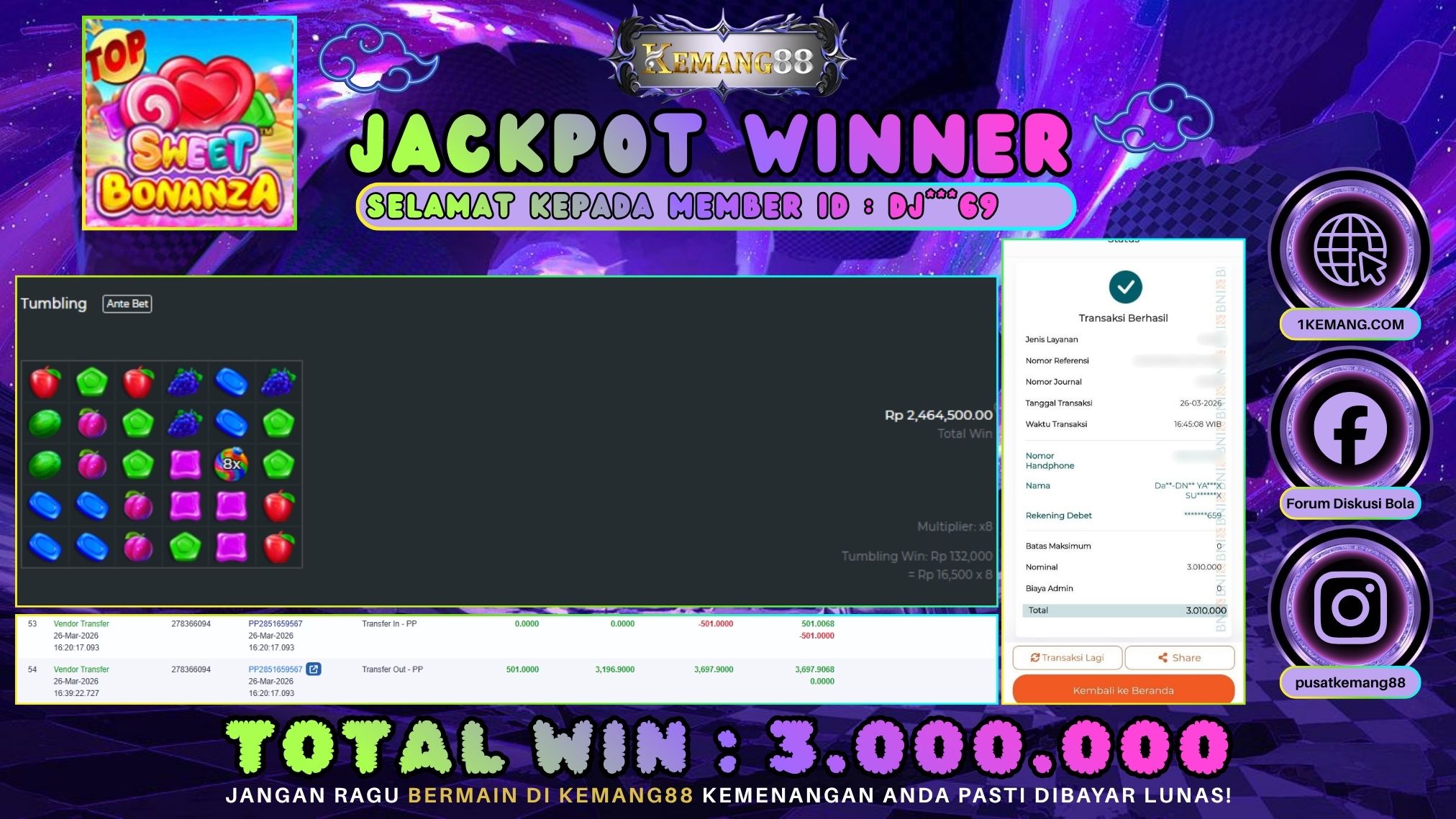 KEMANG88 [26 Maret 2026] : JACKPOT SLOT : SWEET BONANZA [PP] Rp. 3.000.000.,- LUNAS